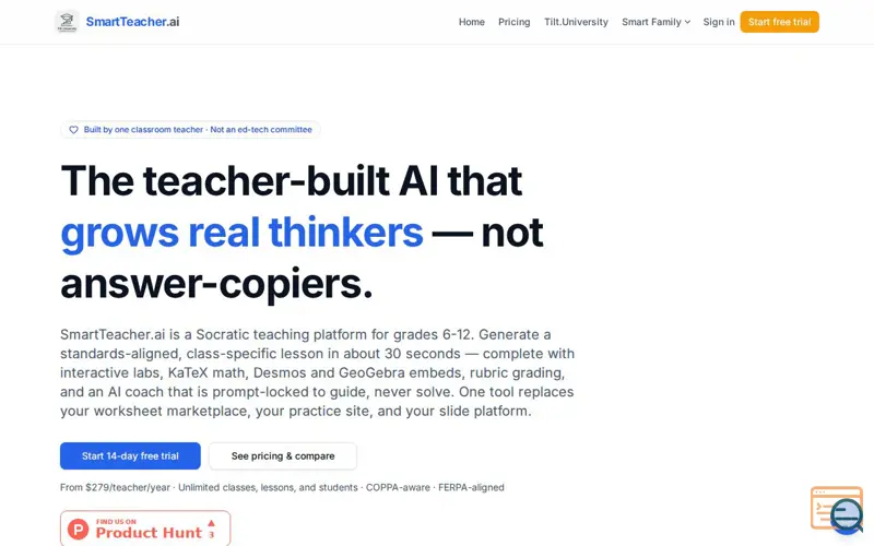 Screenshot of SmartTeacher.ai — Teacher-Built Socratic AI Platform for Grades 6-12