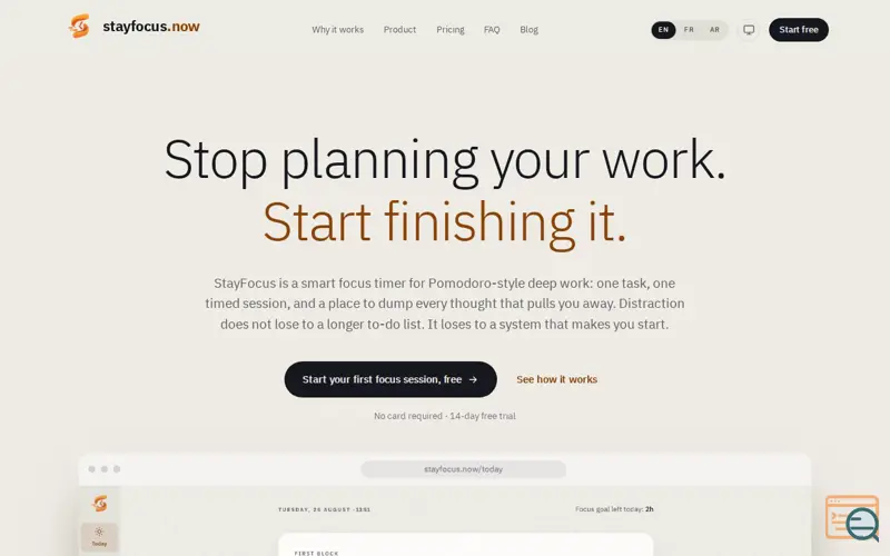 Screenshot of StayFocus, a launch using Pusher