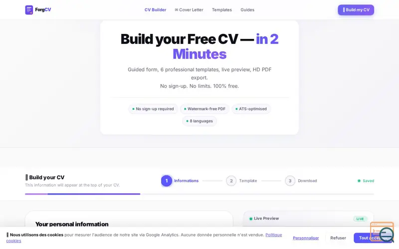 Screenshot of Free CV Builder in 2 Minutes