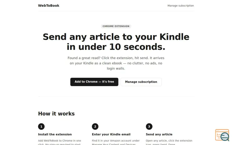 Screenshot of WebToBook - Send any article to Kindle