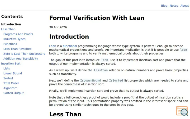 Screenshot of Formal Verification with Lean, a launch using Utterances