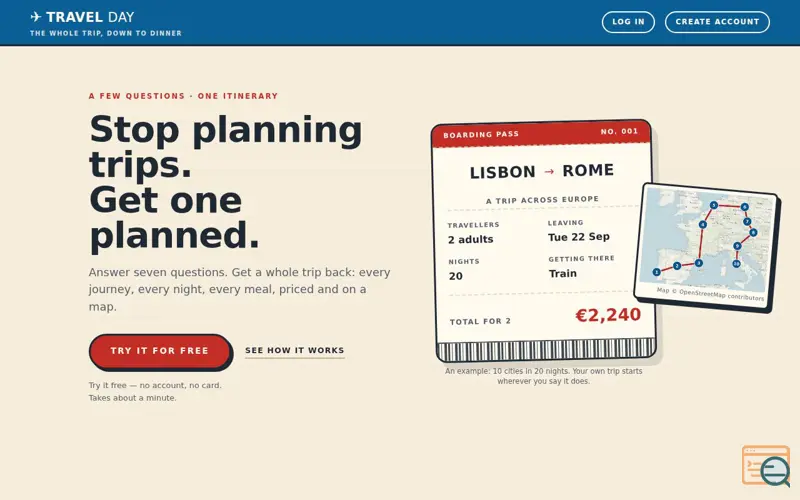 Screenshot of Trip Planner with Prices – Hotels, Routes and Costs | TravelDay, a launch using Azure DNS