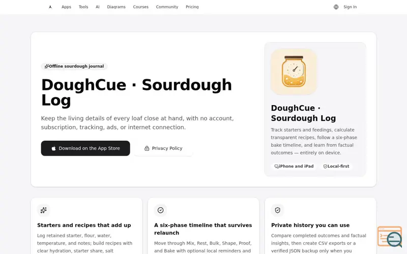 Screenshot of DoughCue · Sourdough Log, a launch using Nano Stores