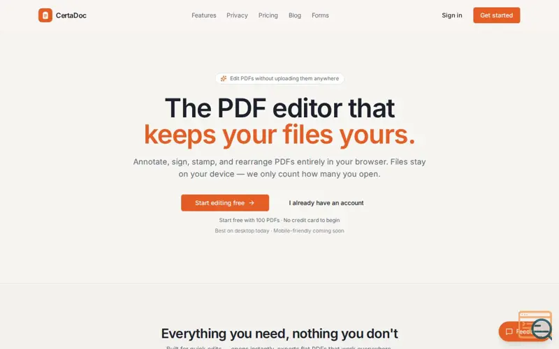 Screenshot of CertaDoc — Edit PDFs in Browser No Cloud