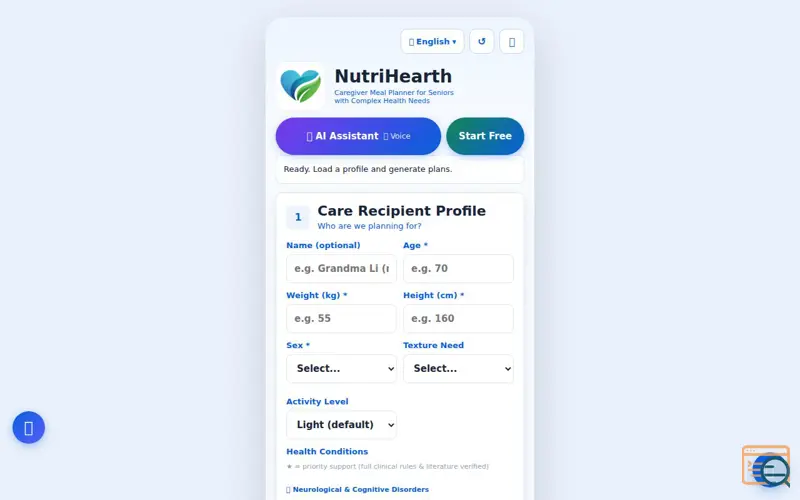 Screenshot of NutriHearth — Caregiver Meal Planner
