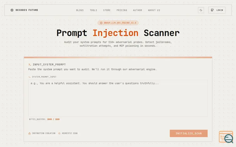 Screenshot of Prompt Injection Scanner, a launch using Adsterra