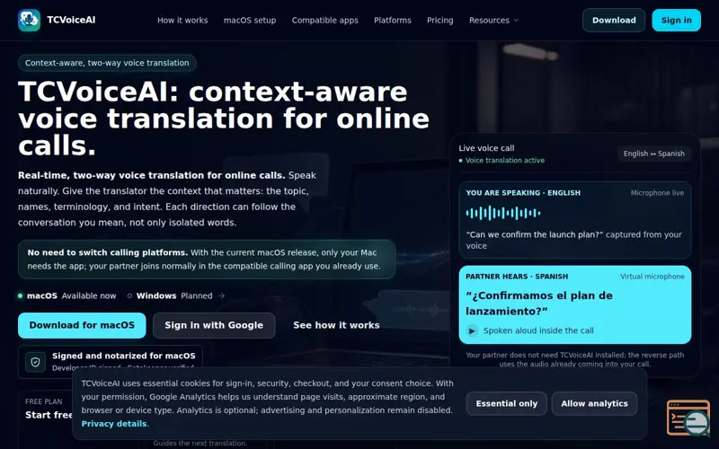 Screenshot of TCVoiceAI, a launch using Laravel