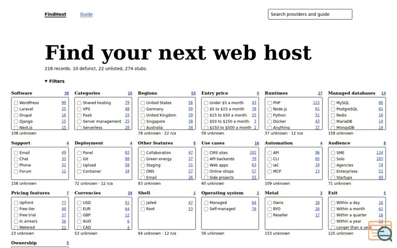 Screenshot of FindHost — a register of web hosting providers