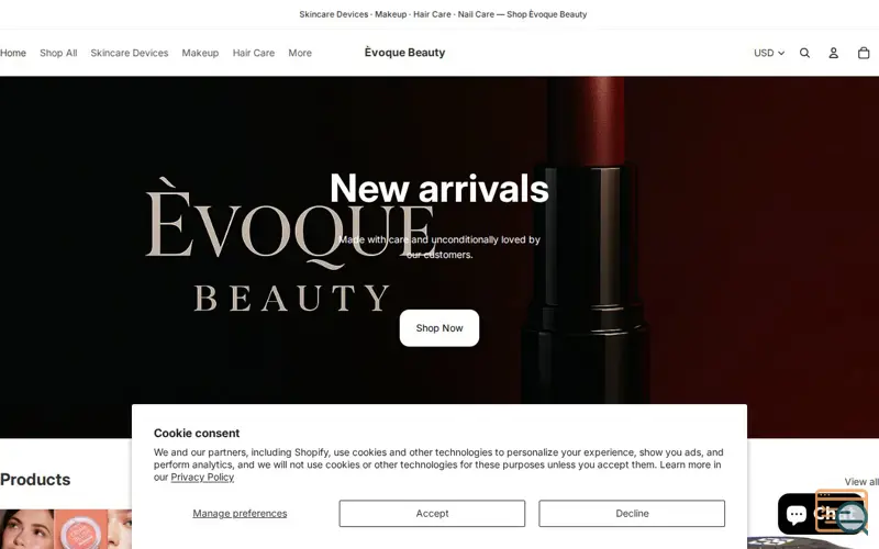 Screenshot of Èvoque Beauty , a launch using Google Merchant Center