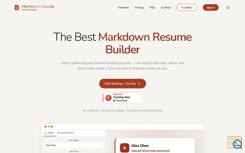 Screenshot of Markdown Resume Builder — Free, AI-Powered & Beautiful