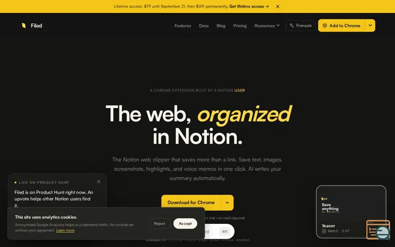 Screenshot of Filed for Notion · The web, organized.