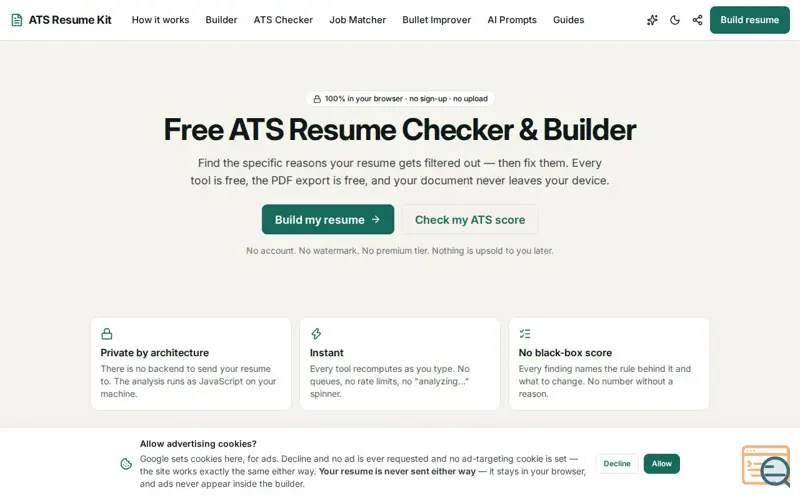 Screenshot of Free ATS Resume Checker & Builder — No Sign-Up, No Paywall
