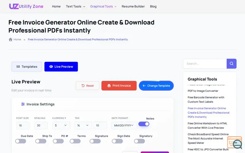 Screenshot of Free Invoice Generator by UtilifyZone