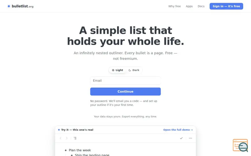 Screenshot of bulletlist.org — a free outliner for notes, plans and lists