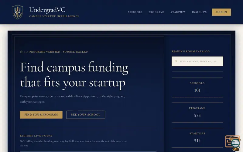 Screenshot of UndergradVC- Campus Startup Intelligence