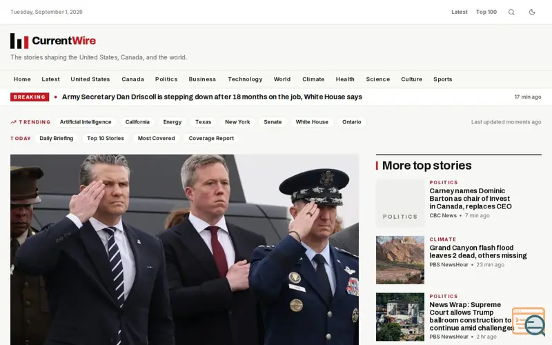 Screenshot of CurrentWire — Top US & Canada News, Ranked