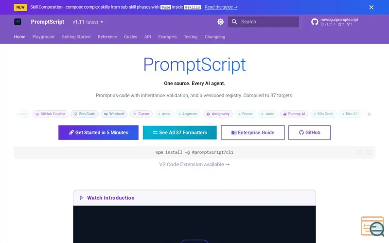 Screenshot of PromptScript, a launch using MkDocs