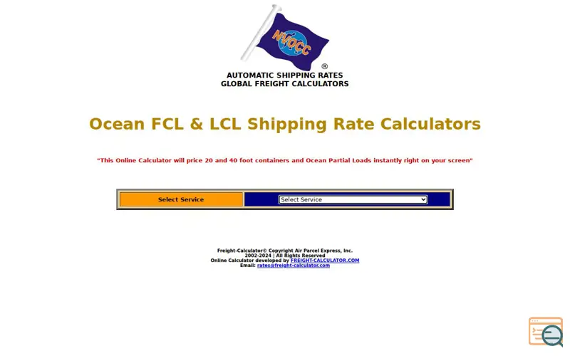 Screenshot of Ocean Freight Calculator, a launch using Network Solutions Email