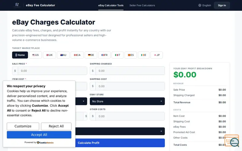 Screenshot of ebay charges calculator