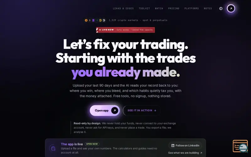 Screenshot of Traders Zone — your edge is buried in your own record. We dig it out.