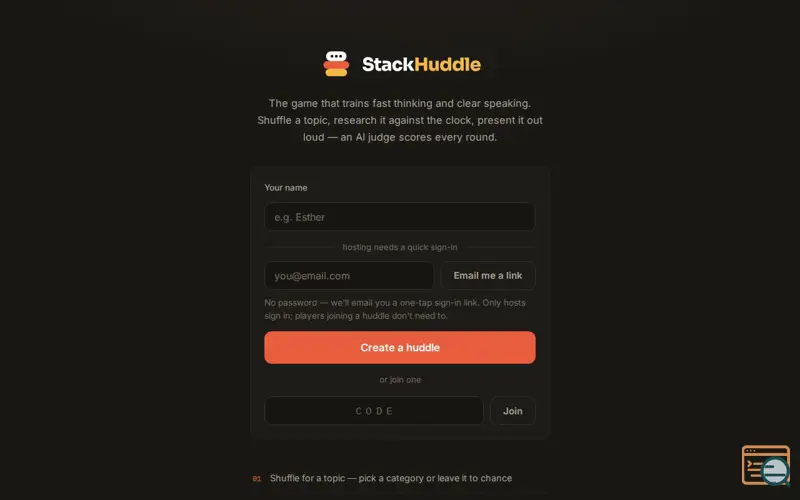 Screenshot of stackhuddle — shuffle · research · present · get judged