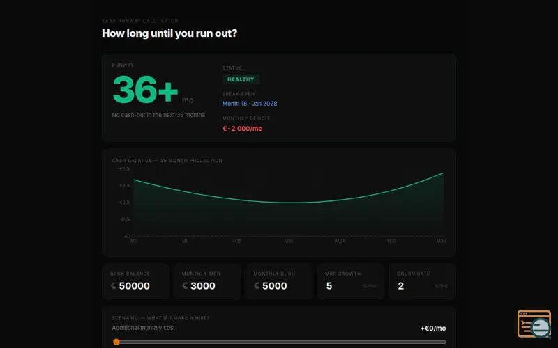 Screenshot of Runway Calculator — How long until zero?