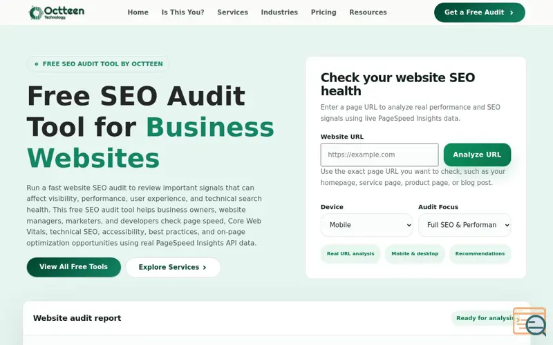 Screenshot of Octteen SEO Audit Tool