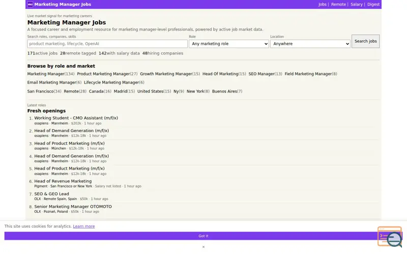 Screenshot of Marketing Manager Job Board