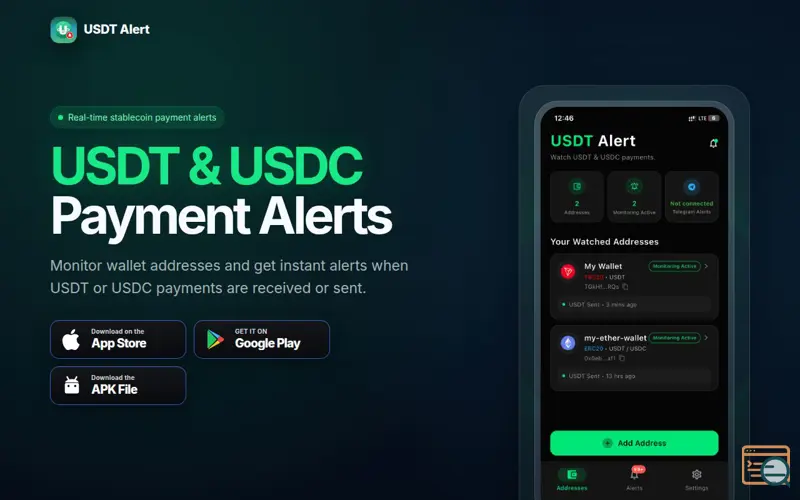 Screenshot of USDT Alert - USDT & USDC Payment Alerts
