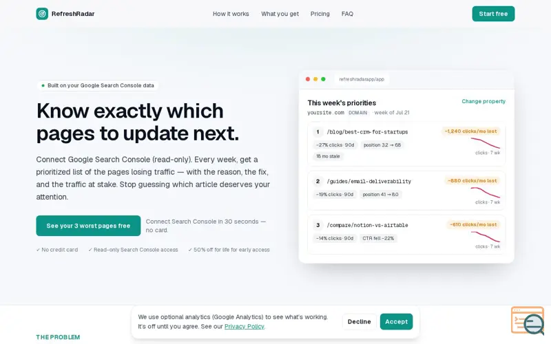 Screenshot of RefreshRadar — Know exactly which pages to update next.