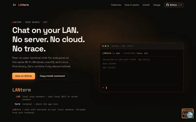 Screenshot of LANterm — peer-to-peer terminal chat for your LAN
