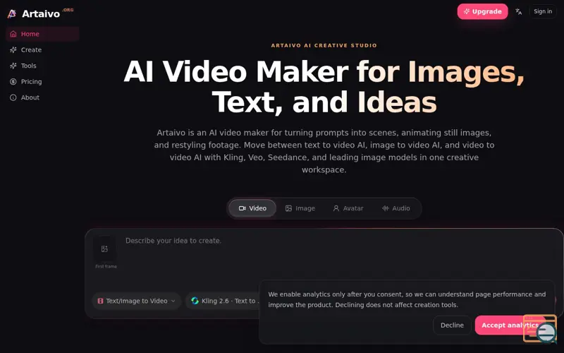 Screenshot of AI Video Maker & Image Generator Online | Artaivo