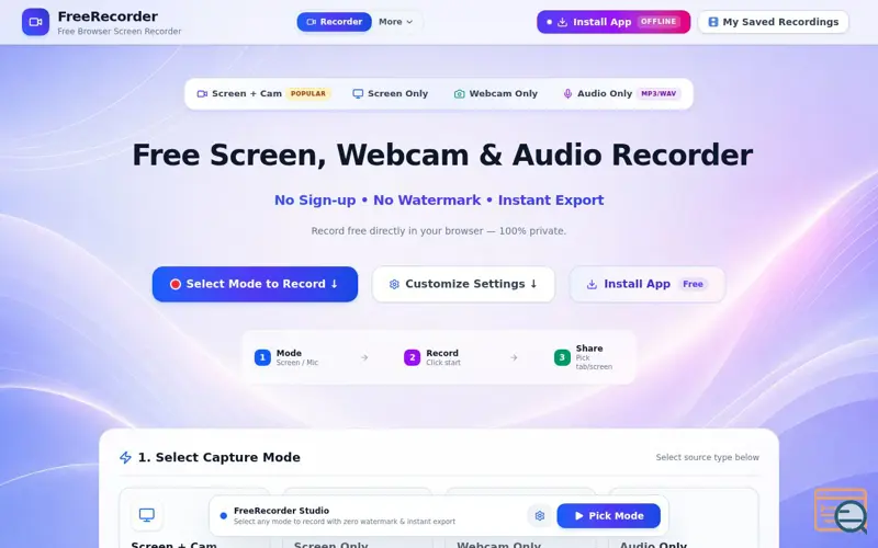 Screenshot of Free Online Screen, Webcam & Audio Recorder — No Sign-up | FreeRecorder