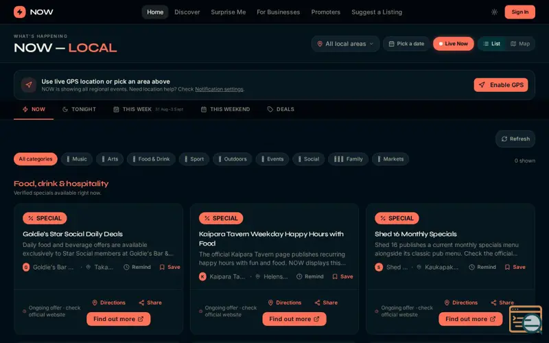 Screenshot of NOW — What's Happening?