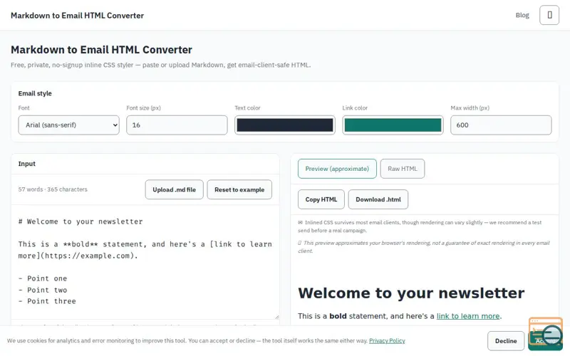 Screenshot of Markdown to Email