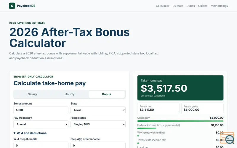 Screenshot of PaycheckDB Bonus Tax Calculator