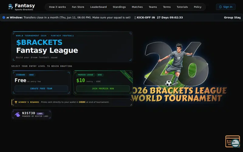 Screenshot of $BRACKETS Fantasy League, a launch using Alchemy