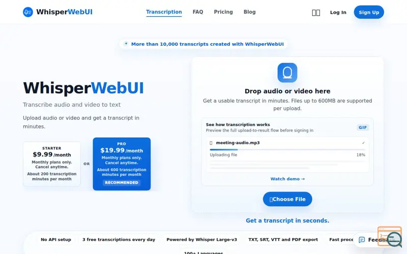 Screenshot of Whisper Web UI, a launch using Firsto