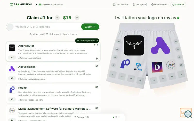 Screenshot of Ass Auction, a launch using Peeko