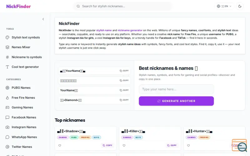 Screenshot of NickFindercom.com