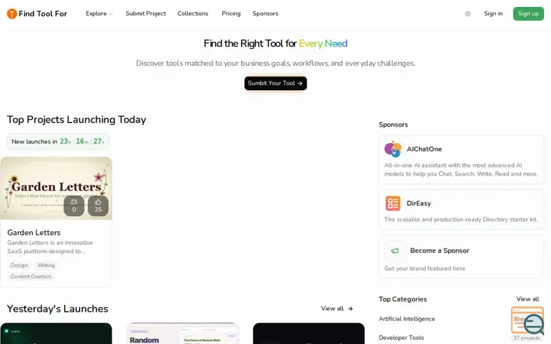 Screenshot of Find Tool For, a launch using shadcn/ui