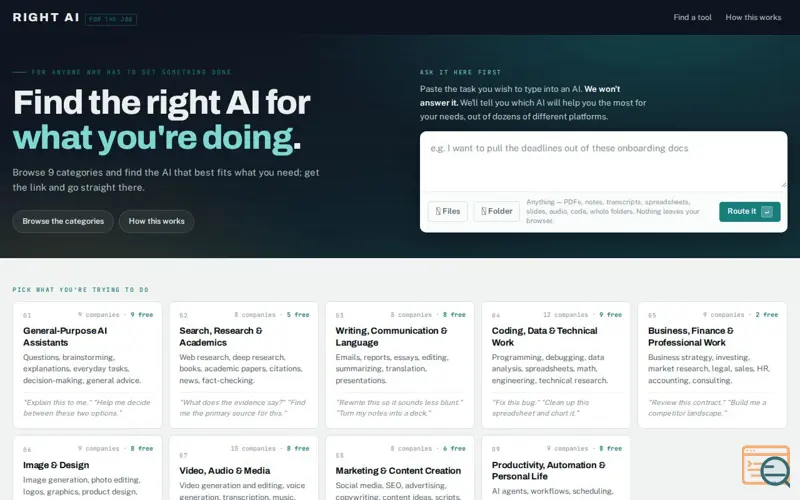 Screenshot of Right AI for the Job — find the right AI for your task