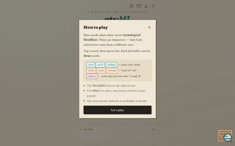 Screenshot of etyML — Daily Etymology Puzzle