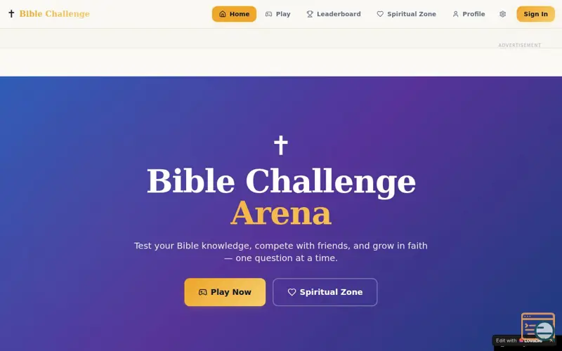 Screenshot of Bible Challenge Arena , a launch using Vibe Coding Game Jam