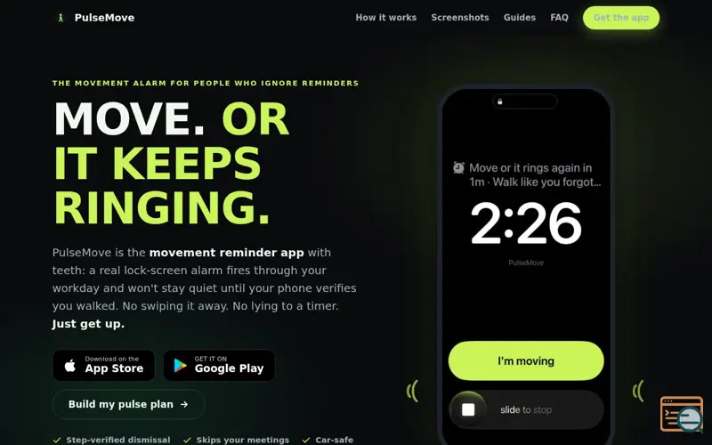 Screenshot of PulseMove — Movement Reminder App With a Real Alarm (iPhone)