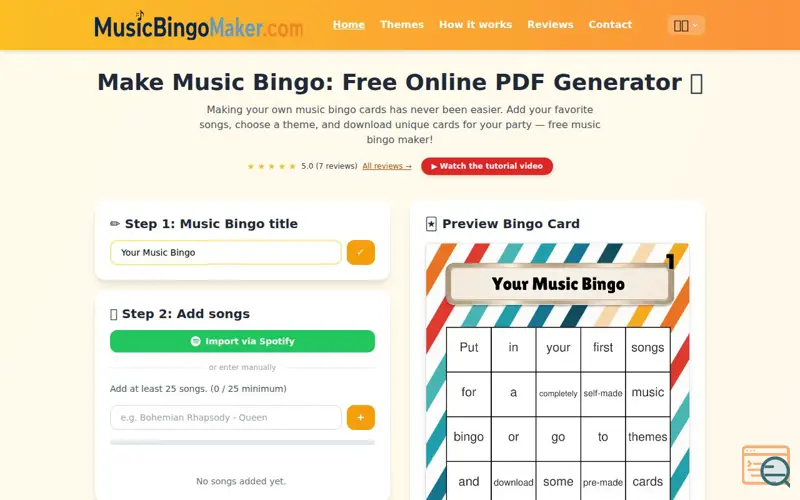 Screenshot of MusicBingoMaker.com