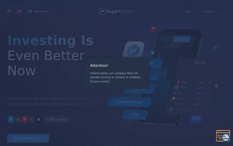 Screenshot of ExpertOption, a launch using MyWOT