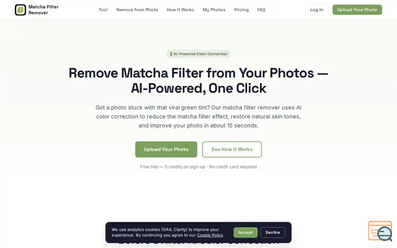 Screenshot of Matcha Filter Remover — AI Color Correction Tool