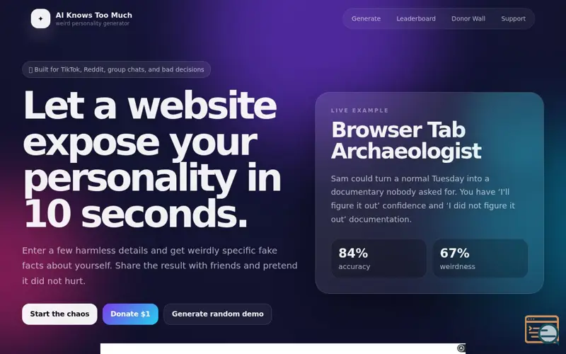 Screenshot of AI Knows Too Much, a launch using A-Ads