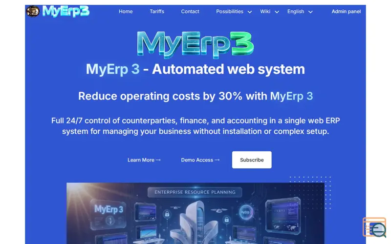 Screenshot of MyErp 3, a launch using InHosted